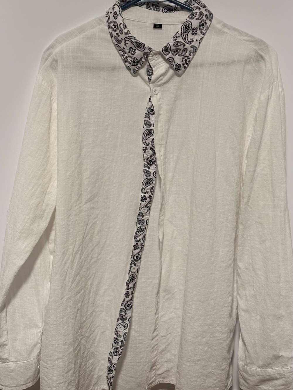 Men's White Button-Up linen Shirt with Paisley Trim
